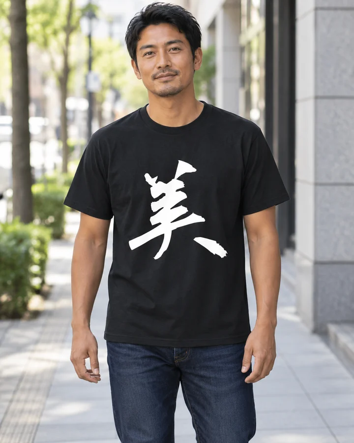 AI styling: 美 · Standard T-shirt, worn by a male model
