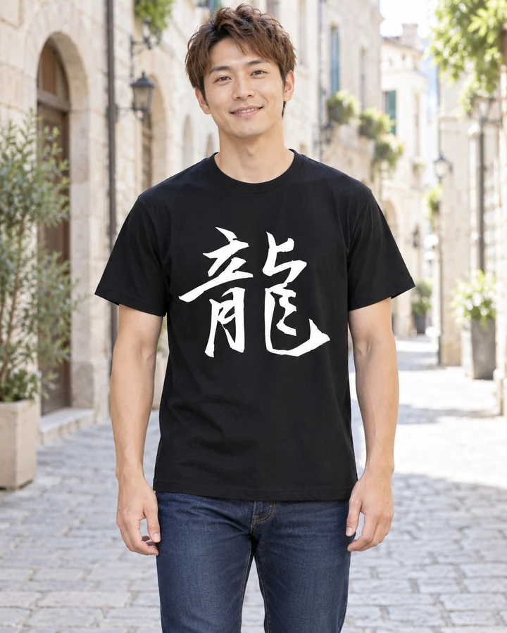 AI styling: 龍 · Standard T-shirt, worn by a male model