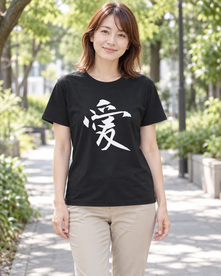 AI styling: 愛 · Standard T-shirt, worn by a female model