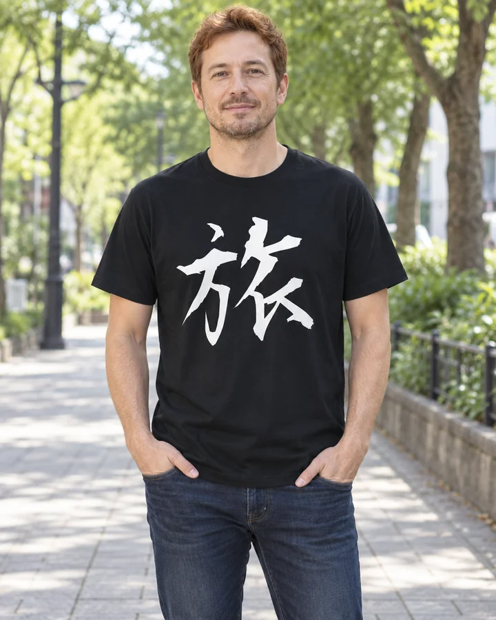 AI styling: 旅 · Standard T-shirt, worn by a male model