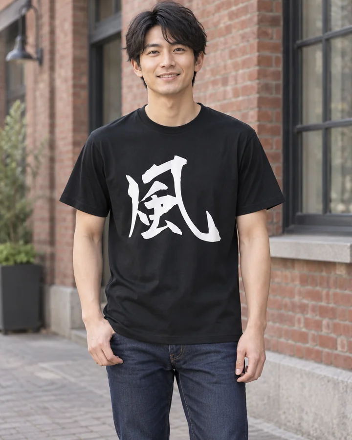 AI styling: 風 · Standard T-shirt, worn by a male model