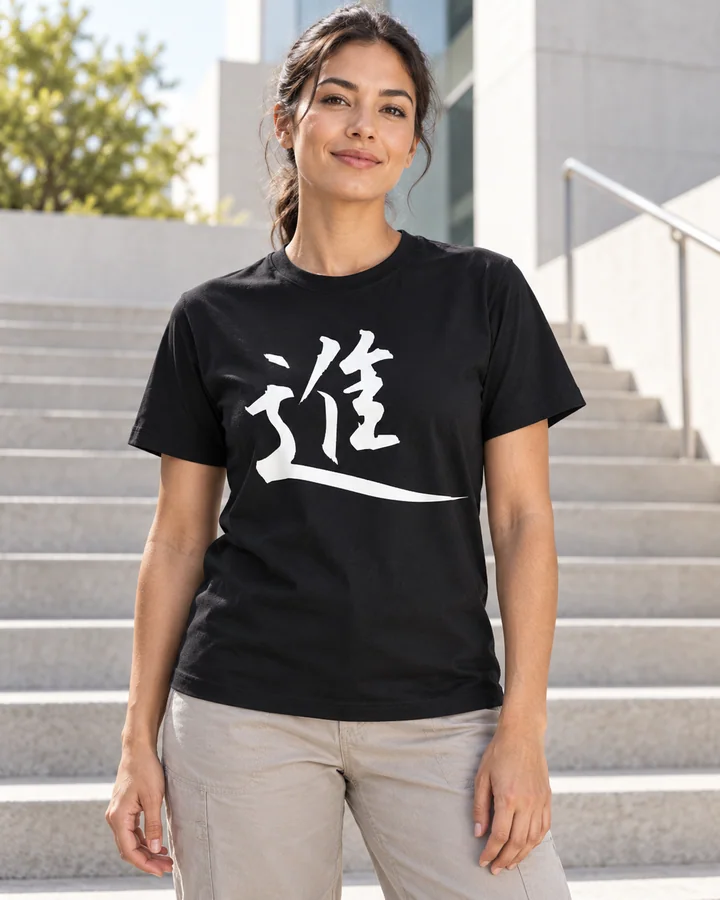 AI styling: 進 · Standard T-shirt, worn by a female model