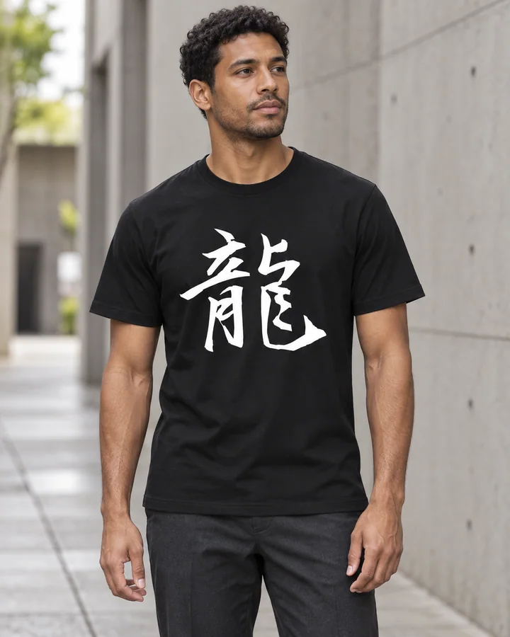 AI styling: 龍 · Standard T-shirt, worn by a male model