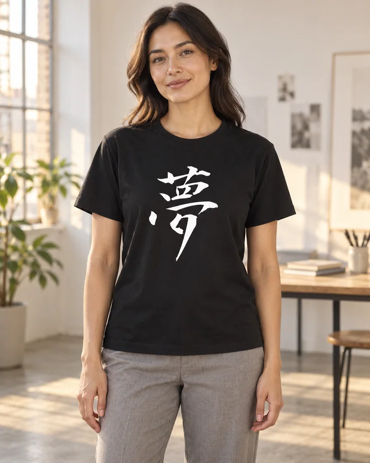 AI styling: 夢 · Standard T-shirt, worn by a female model