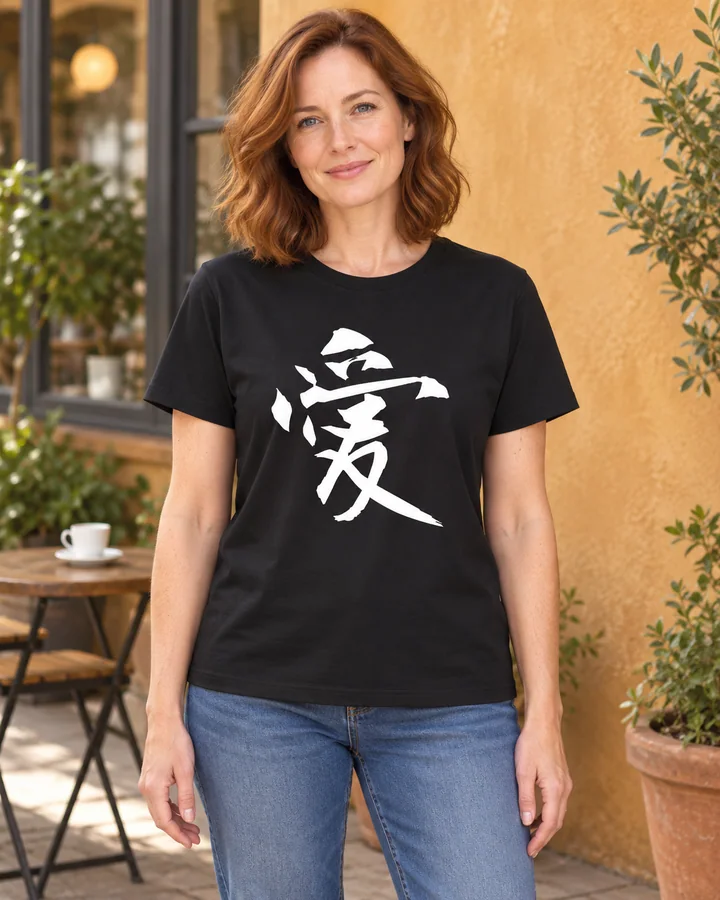 AI styling: 愛 · Standard T-shirt, worn by a female model