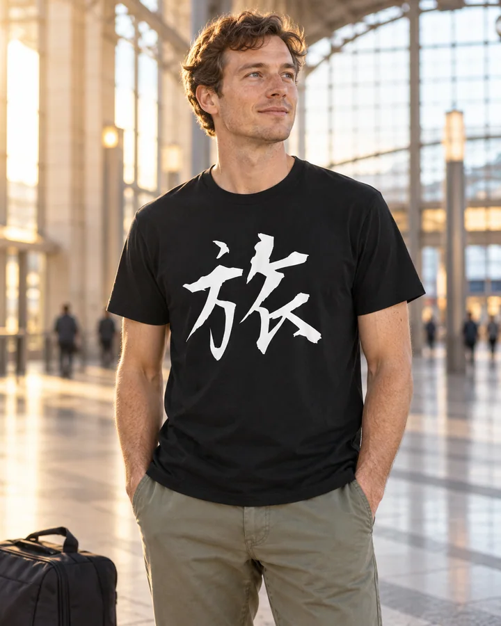 AI styling: 旅 · Standard T-shirt, worn by a male model
