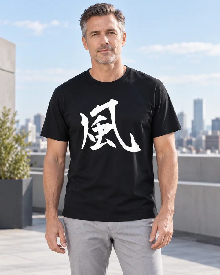 AI styling: 風 · Standard T-shirt, worn by a male model